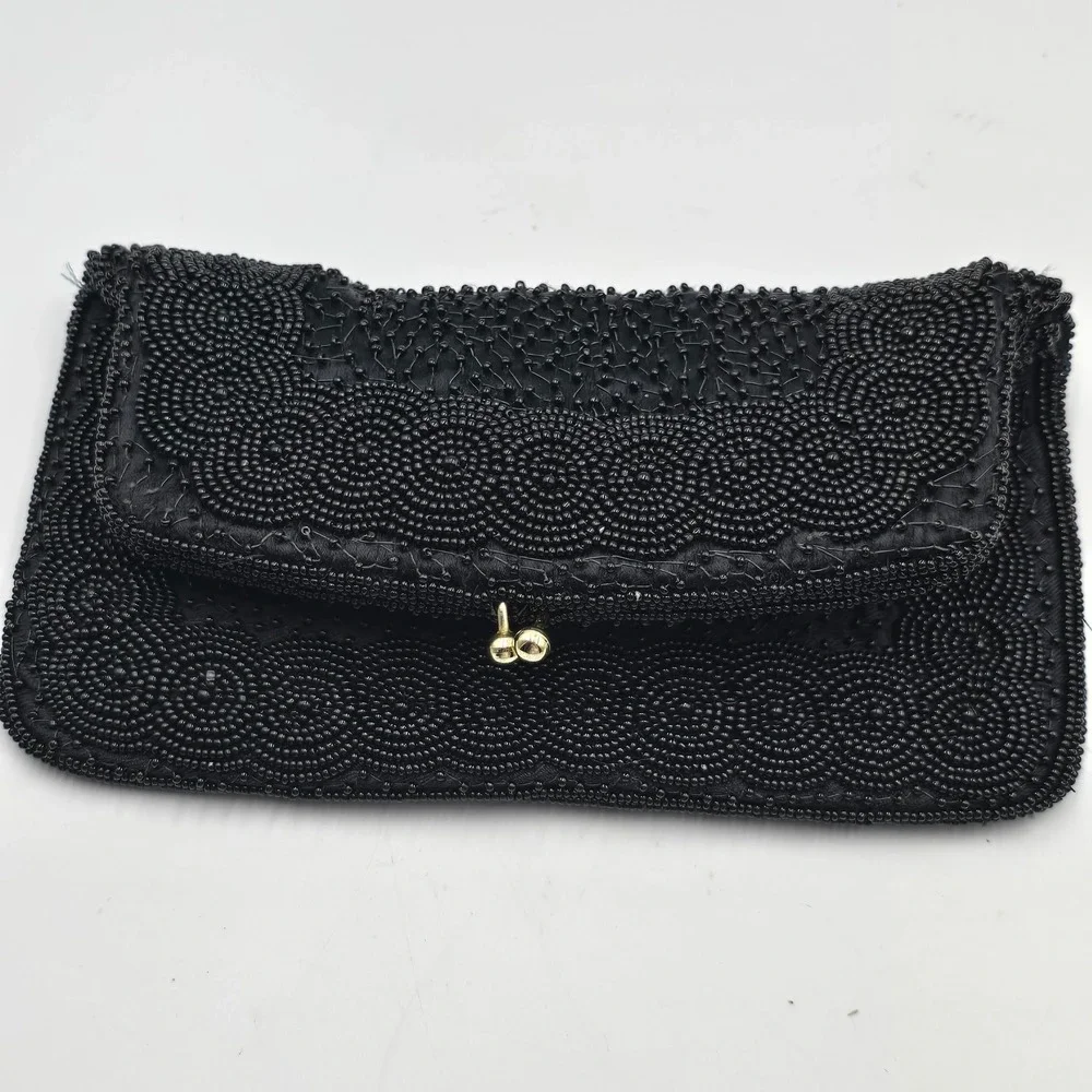 Vintage Black Beaded Evening Bag Clutch Gold Chain Kiss Lock Made in Korea